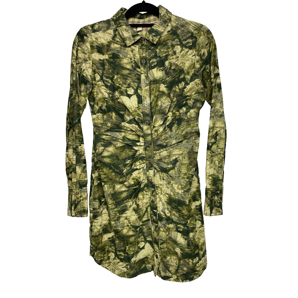 Pilcro Women's 4 Ruched Corduroy Button Down Long Sleeve Mini Shirt Dress Green
